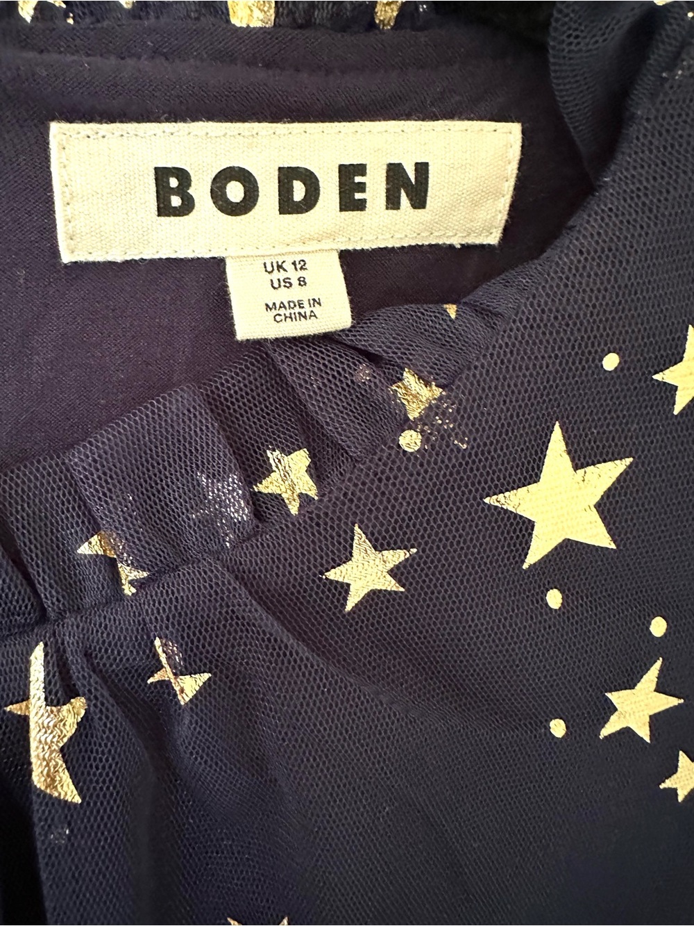 Boden Navy Gold Star Mesh Blouse Sheer Sleeve Ruffle Neck Top US Size 8 - Picture 6 of 8